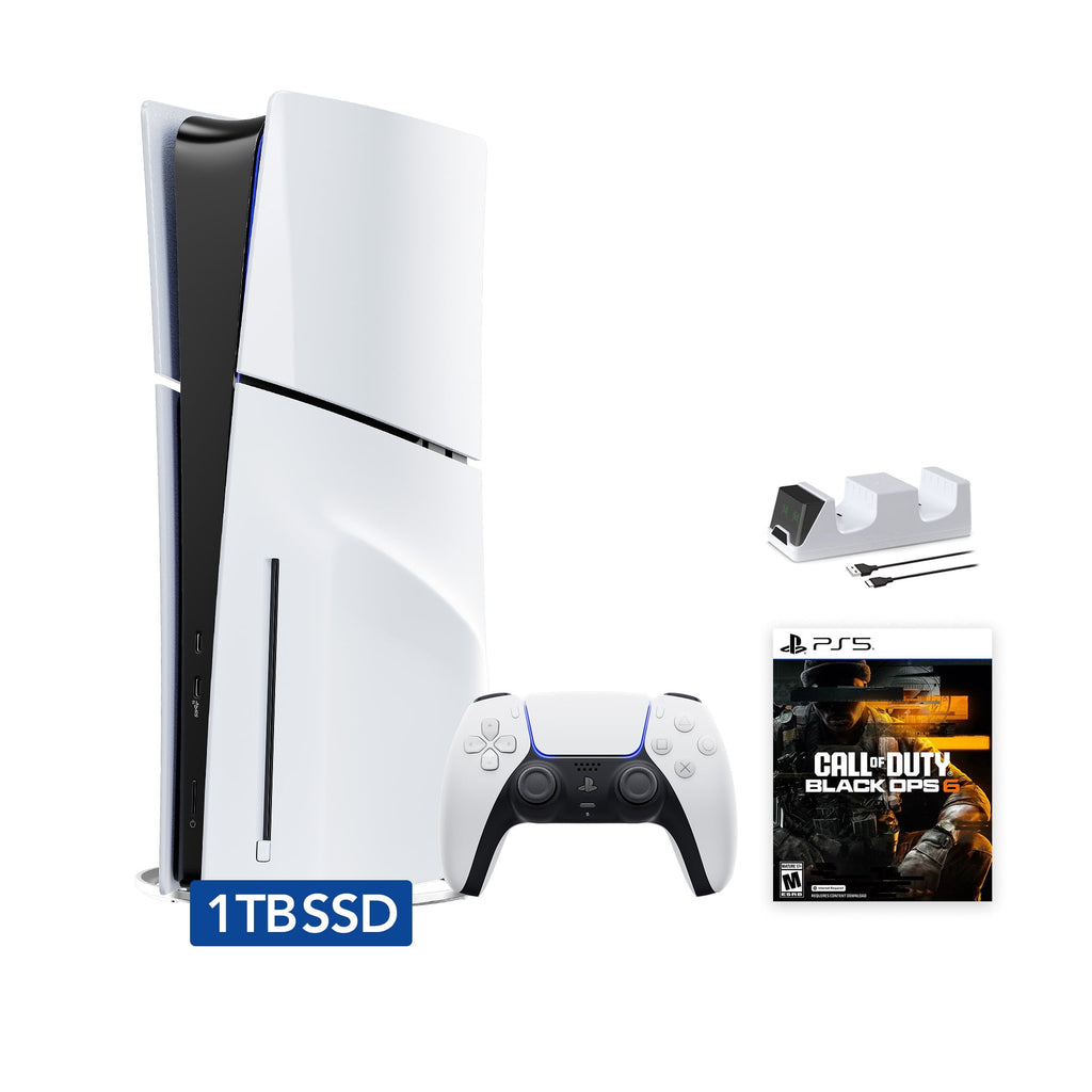 2025 New PlayStation 5 Slim Disc Edition Call of Duty: Black Ops 6 Bundle and Mytrix Controller Charger - White, Slim PS5 1TB PCIe SSD Gaming Console