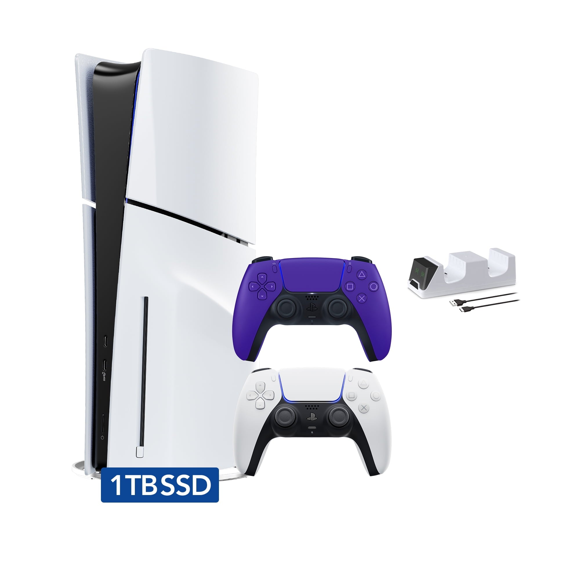 PlayStation 5 Slim Disc Edition 1TB SSD with Two Controllers White and Midnight Black DualSense and Mytrix Dual Controller Charger - Region Free PS5 Gaming Console