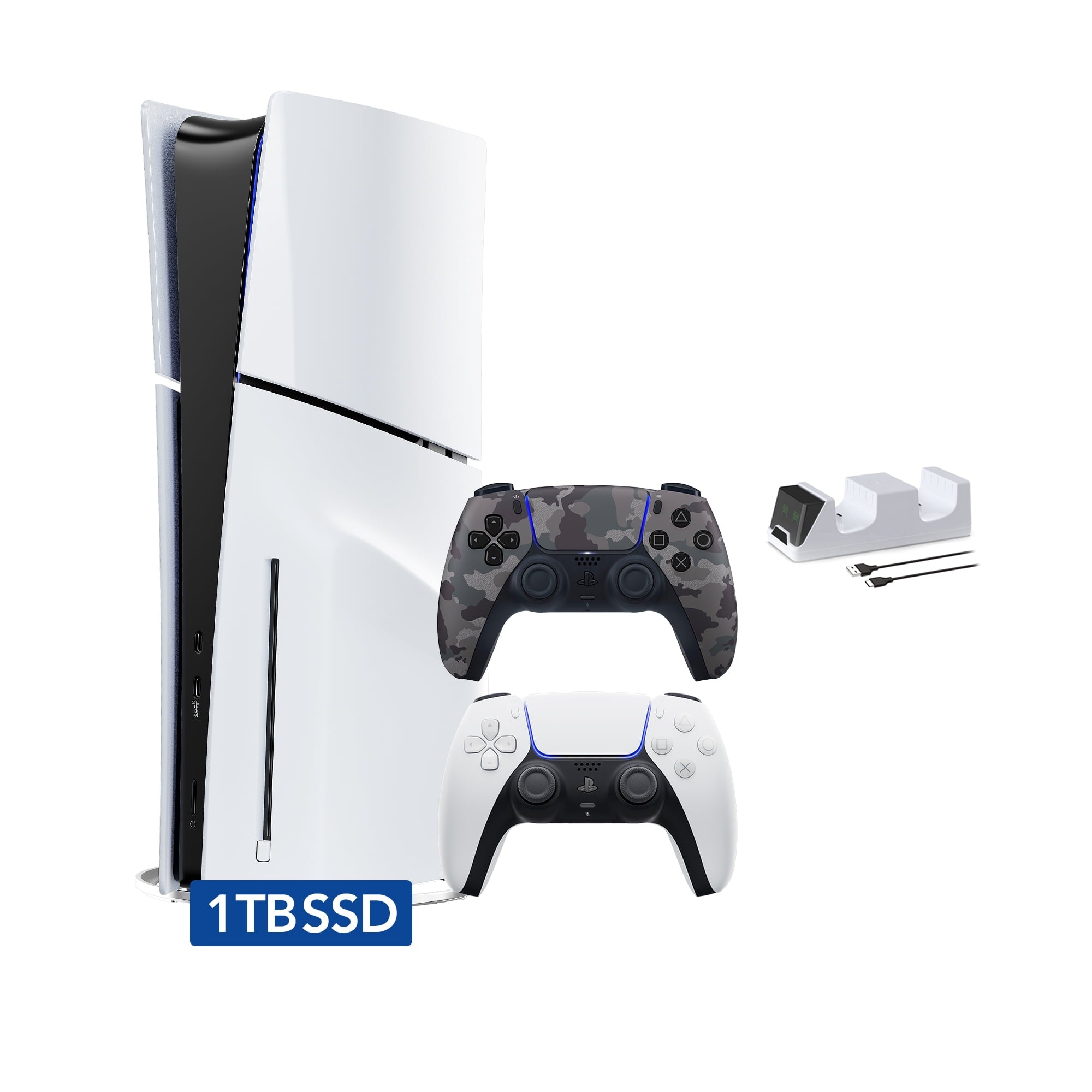PlayStation 5 Slim Disc Edition 1TB SSD with Two Controllers White and Midnight Black DualSense and Mytrix Dual Controller Charger - Region Free PS5 Gaming Console