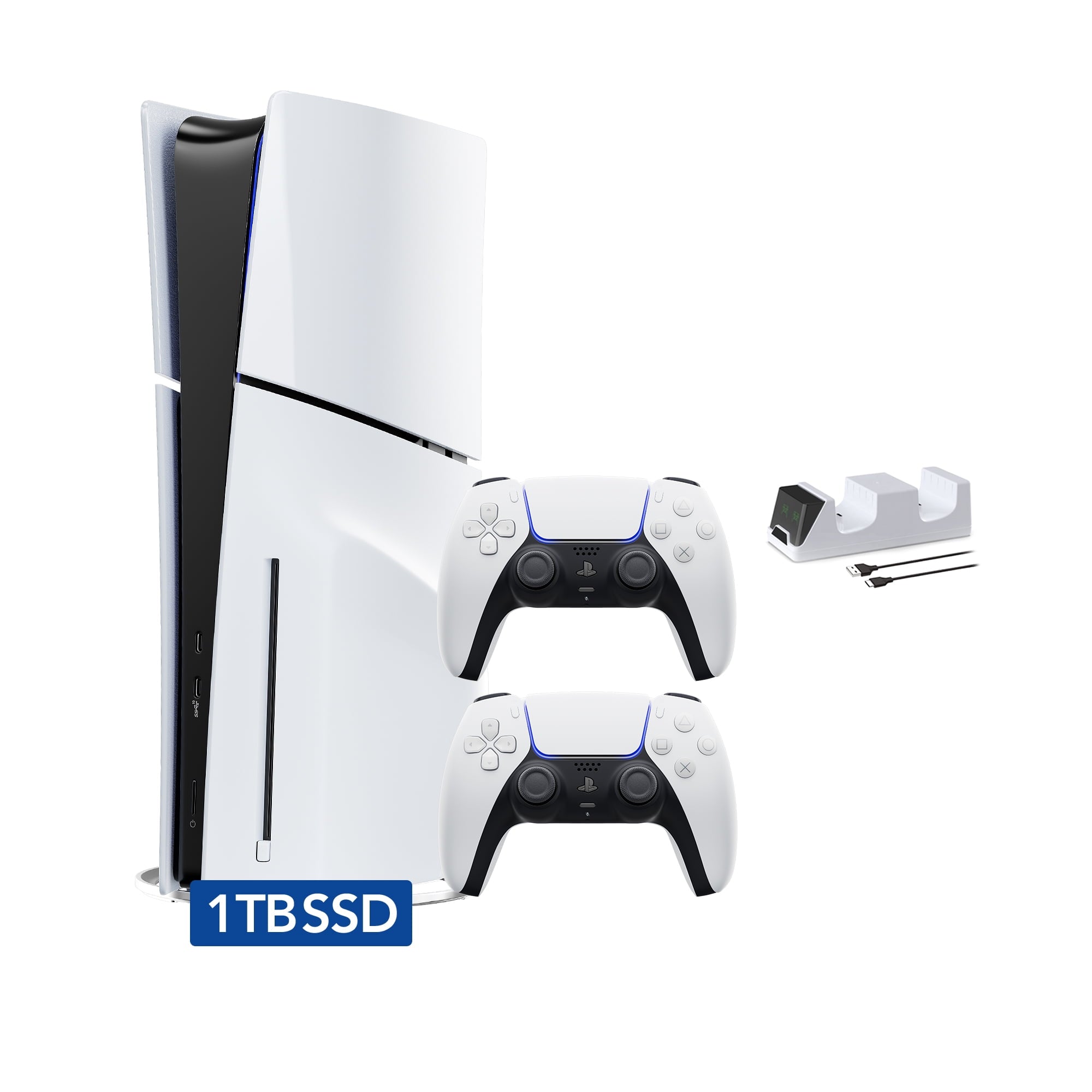 PlayStation 5 Slim Disc Edition 1TB SSD with Two Controllers White and Midnight Black DualSense and Mytrix Dual Controller Charger - Region Free PS5 Gaming Console
