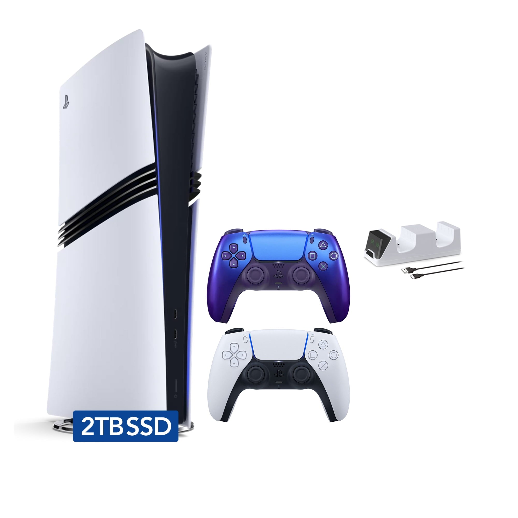 PlayStation 5 Pro 2TB SSD Digital Console with Two Controllers, White and Midnight Black DualSense and Mytrix Dual Controller Charger - Flagship PS5 Pro Console