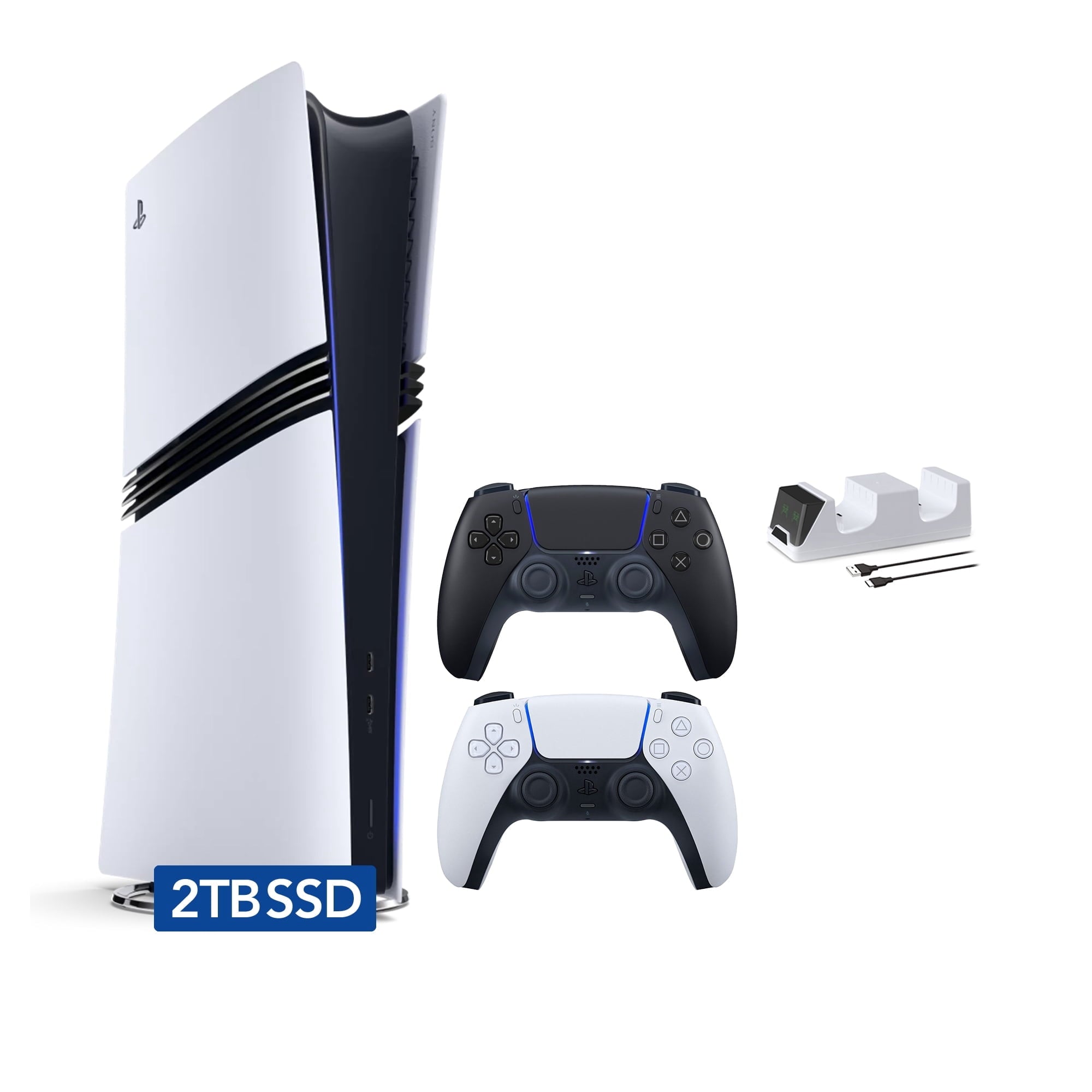 PlayStation 5 Pro 2TB SSD Digital Console with Two Controllers, White and Midnight Black DualSense and Mytrix Dual Controller Charger - Flagship PS5 Pro Console