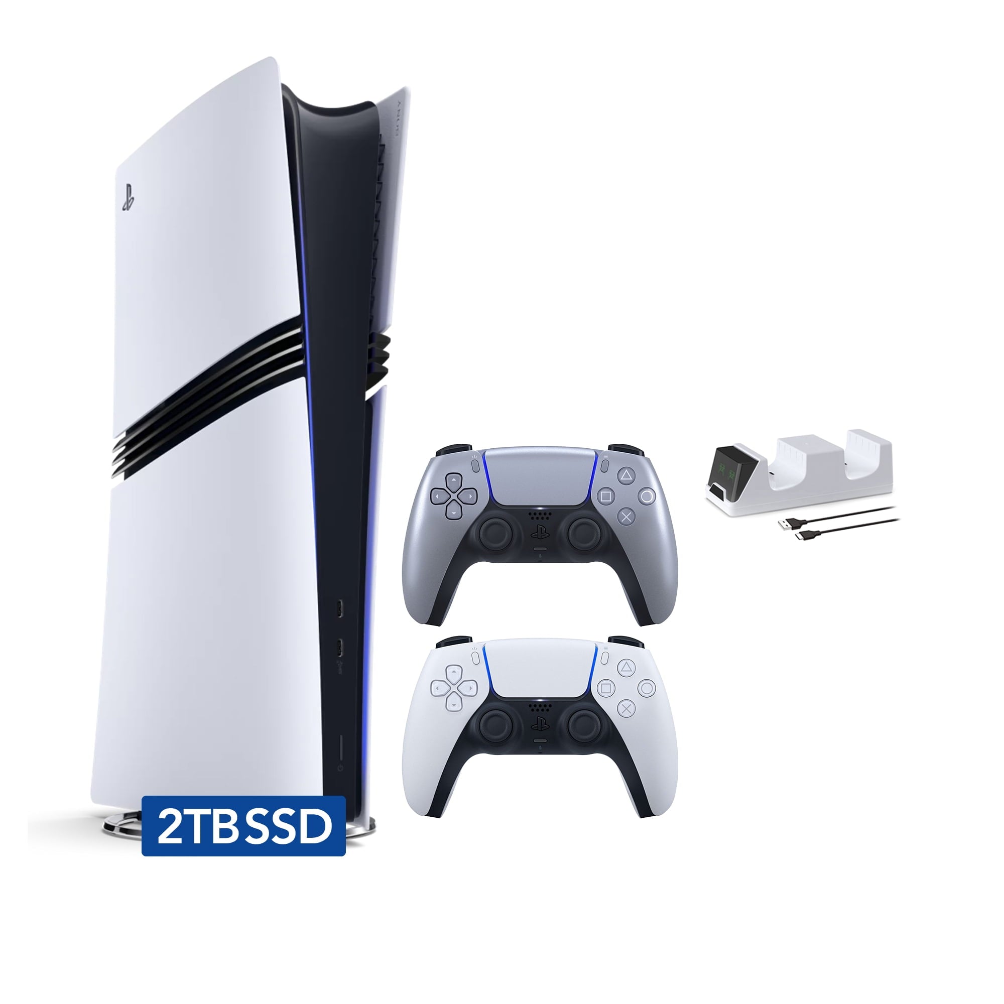 PlayStation 5 Pro 2TB SSD Digital Console with Two Controllers, White and Midnight Black DualSense and Mytrix Dual Controller Charger - Flagship PS5 Pro Console