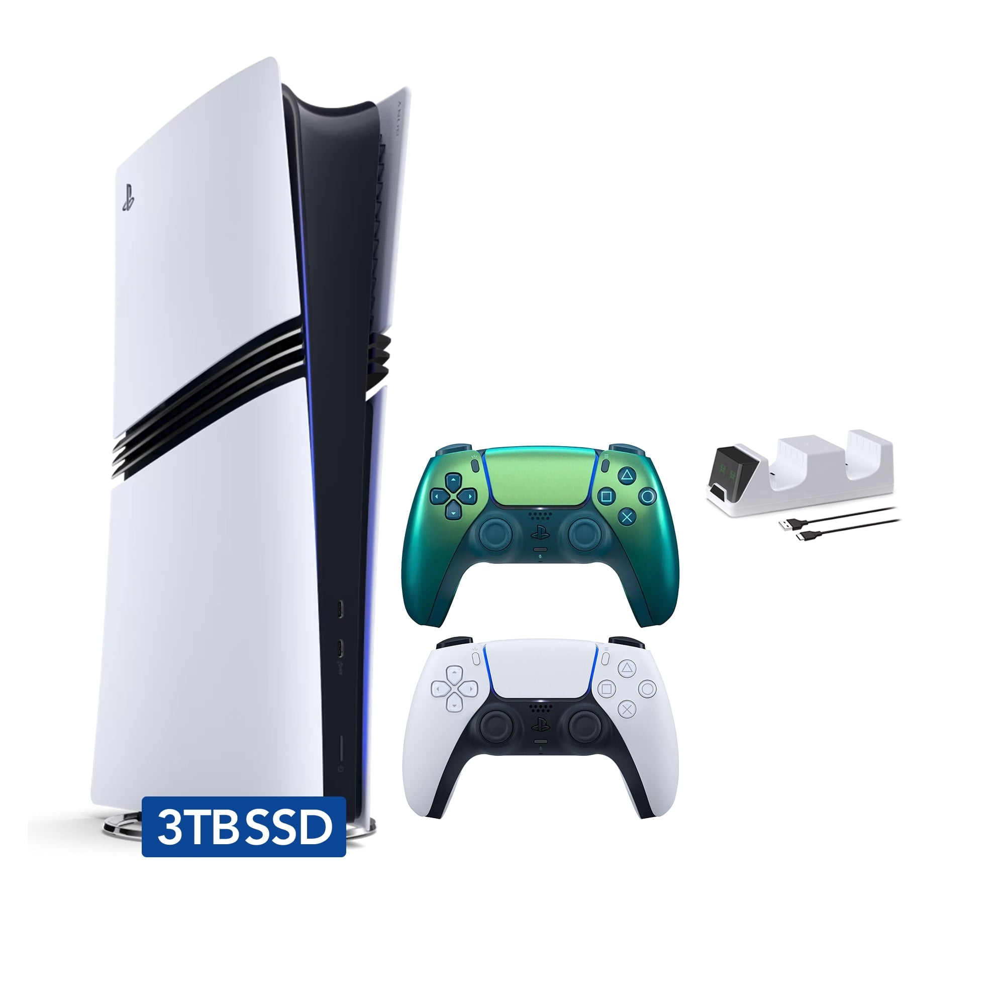 PlayStation 5 Pro 2TB SSD Digital Console with Two Controllers, White and Midnight Black DualSense and Mytrix Dual Controller Charger - Flagship PS5 Pro Console