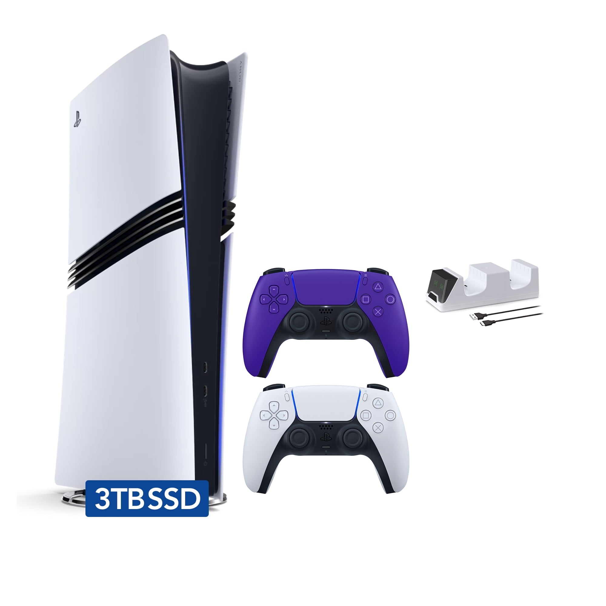PlayStation 5 Pro 2TB SSD Digital Console with Two Controllers, White and Midnight Black DualSense and Mytrix Dual Controller Charger - Flagship PS5 Pro Console