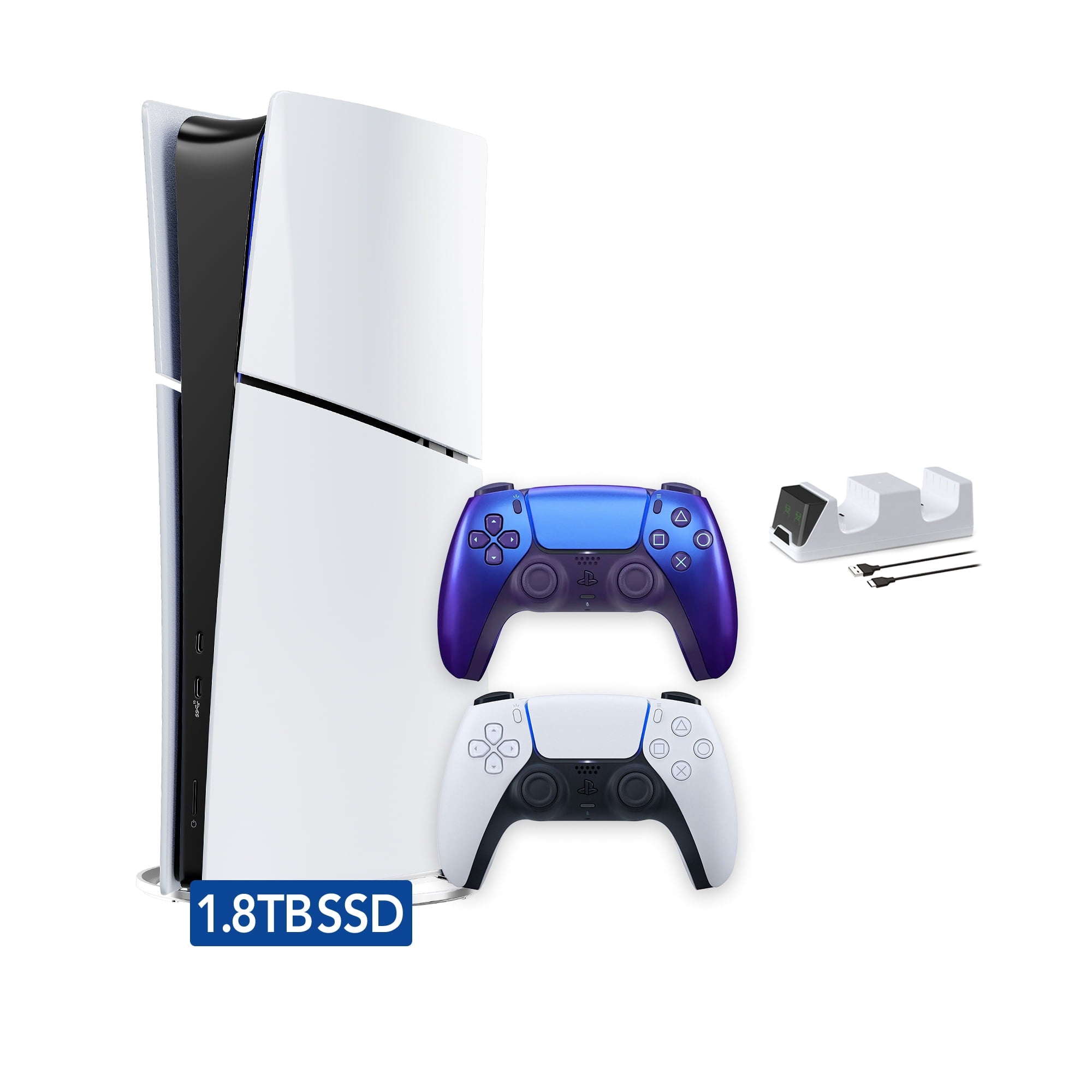 PlayStation 5 Slim Digital 825GB SSD Console with Two Controllers, White and Chroma Teal DualSense and Dual Controller Charger - PS5 Slim Digital Console