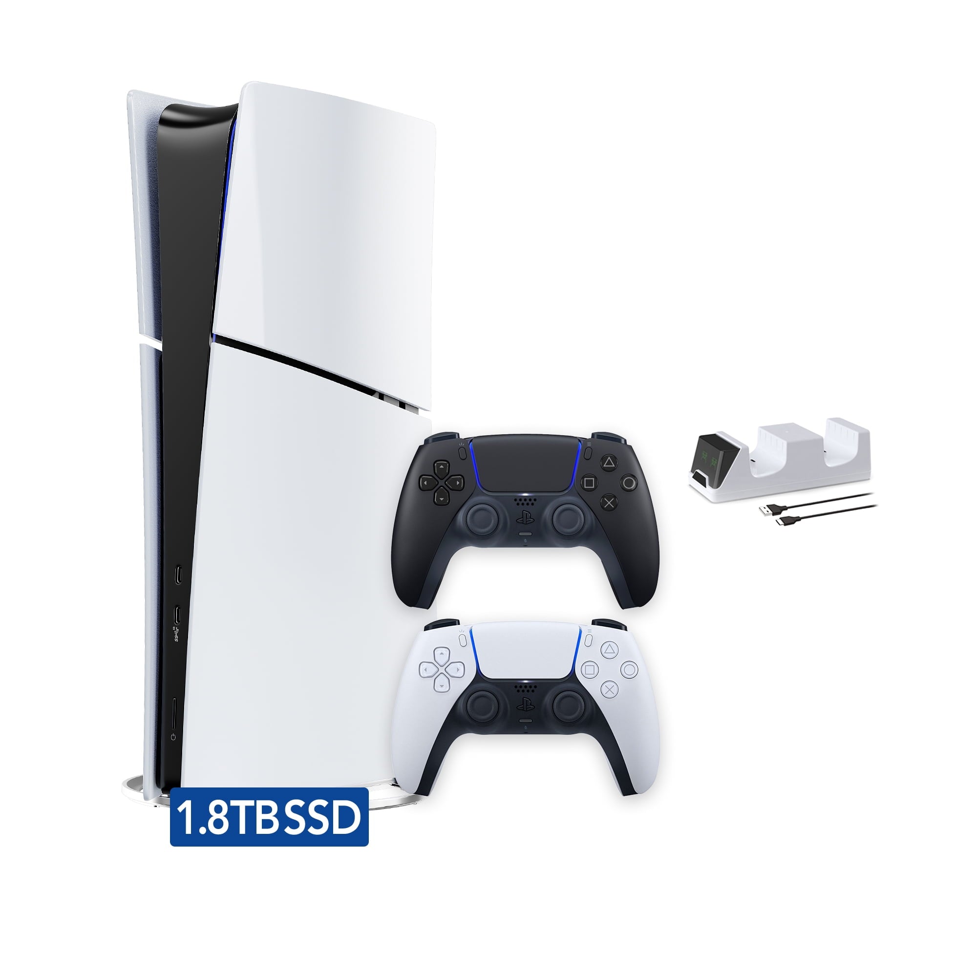 PlayStation 5 Slim Digital 825GB SSD Console with Two Controllers, White and Chroma Teal DualSense and Dual Controller Charger - PS5 Slim Digital Console