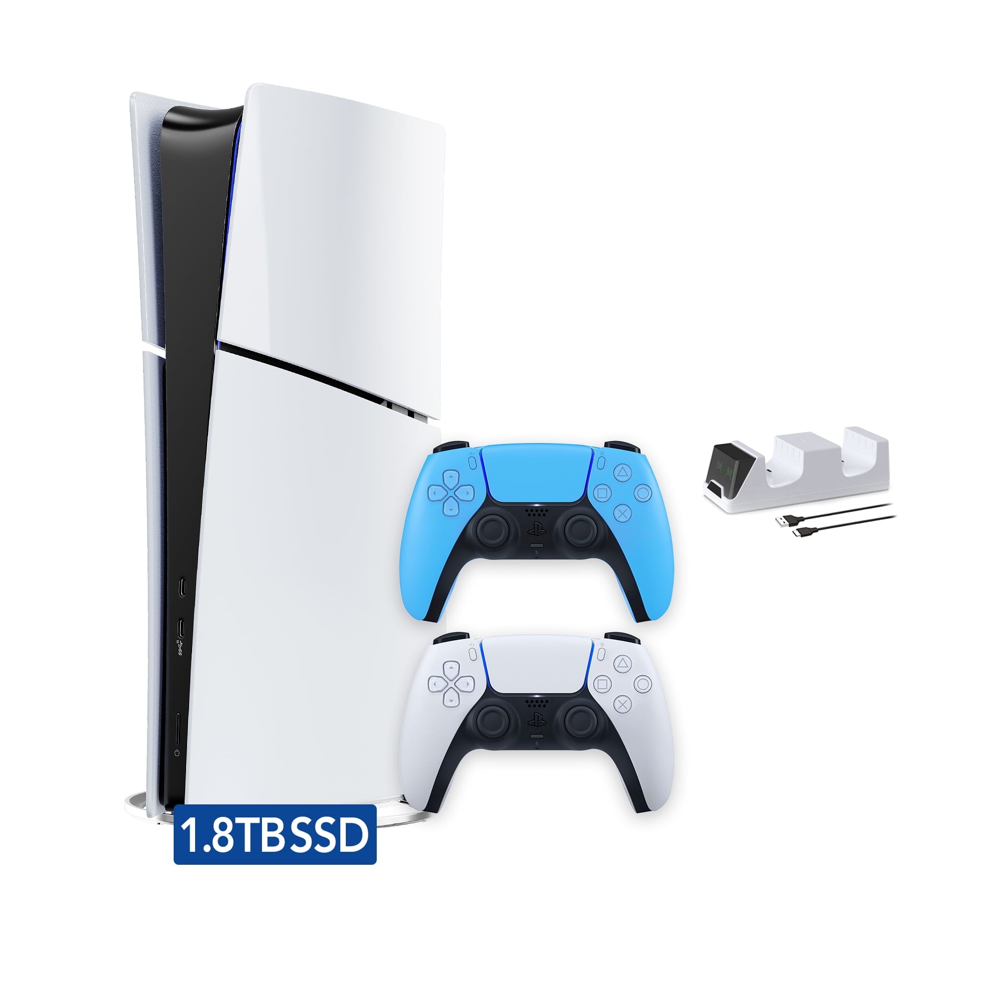 PlayStation 5 Slim Digital 825GB SSD Console with Two Controllers, White and Chroma Teal DualSense and Dual Controller Charger - PS5 Slim Digital Console