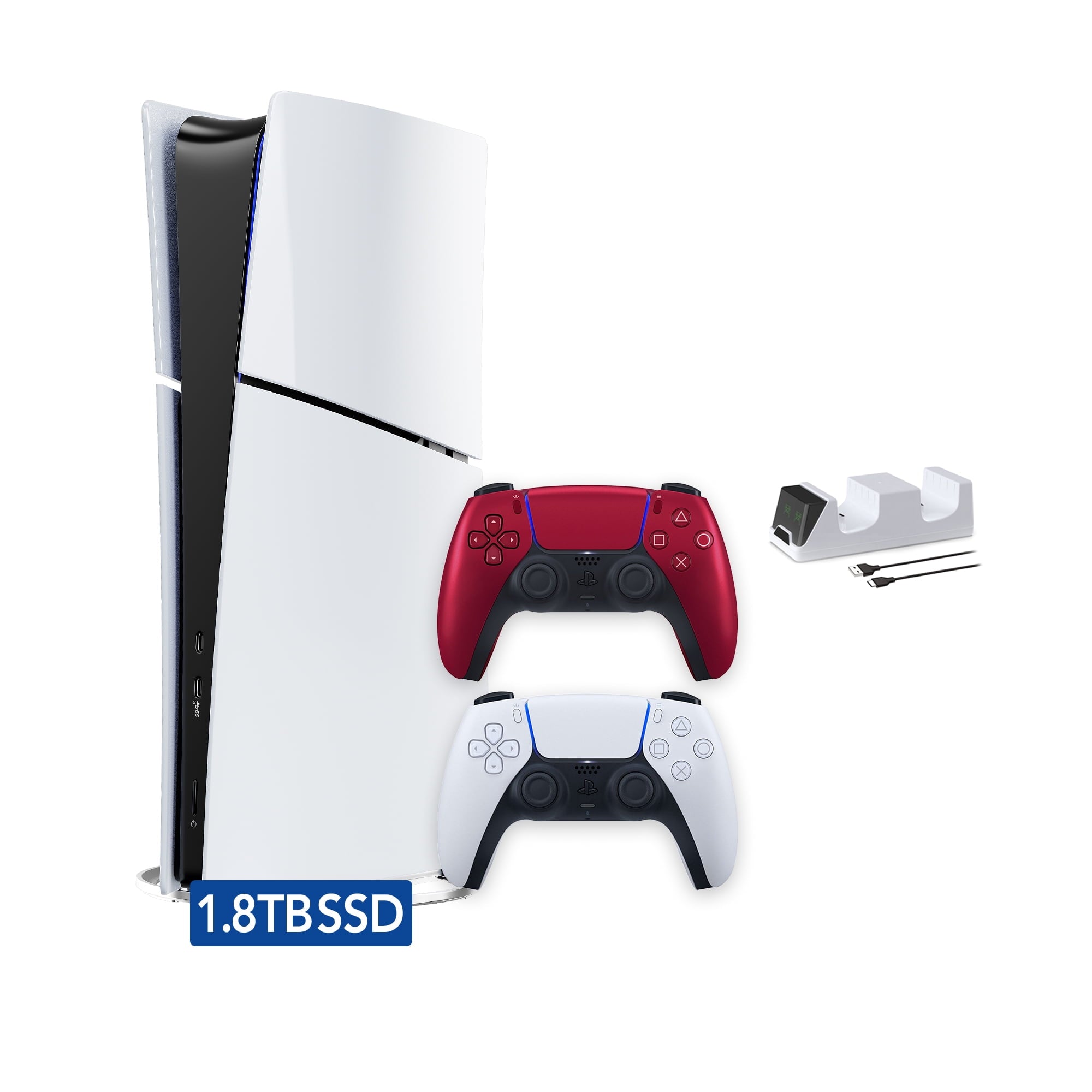 PlayStation 5 Slim Digital 825GB SSD Console with Two Controllers, White and Chroma Teal DualSense and Dual Controller Charger - PS5 Slim Digital Console
