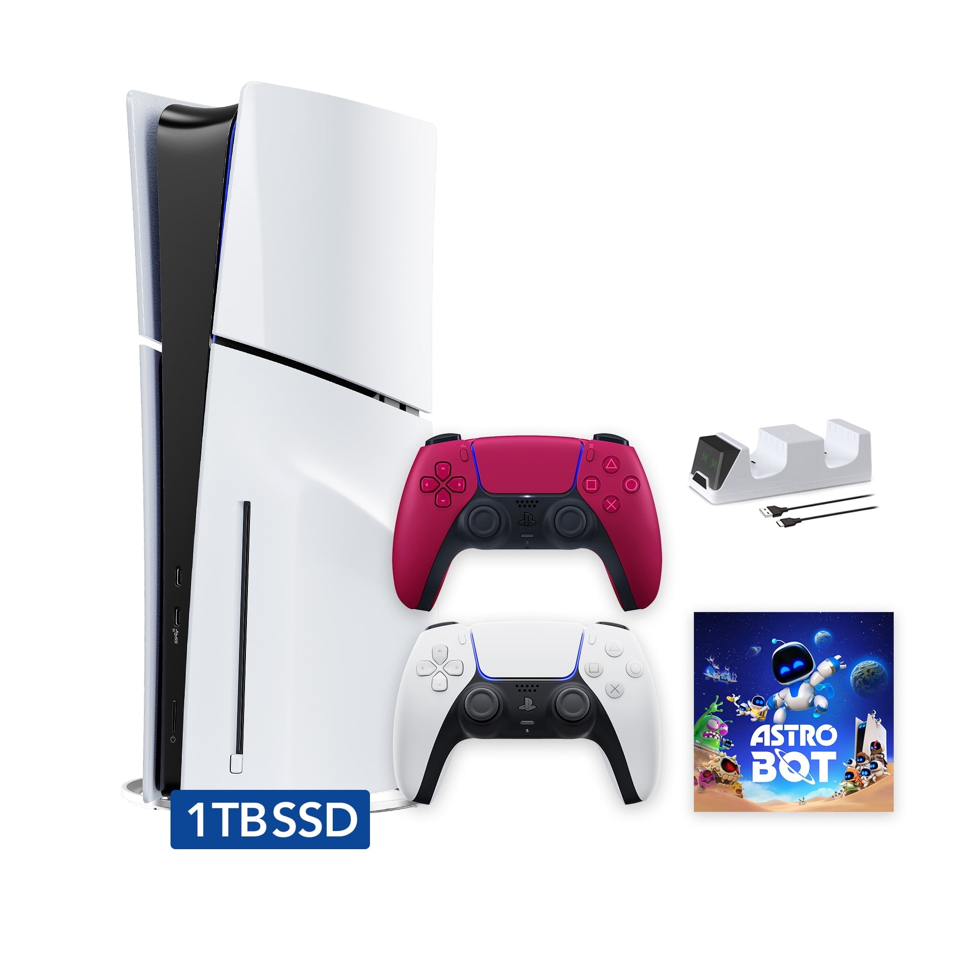 PlayStation 5 Slim Disc 2TB SSD ASTRO BOT Bundle with Two Controllers, White and Cobalt Blue DualSense and Mytrix Dual Controller Charger - PS5 Slim Disc Edition
