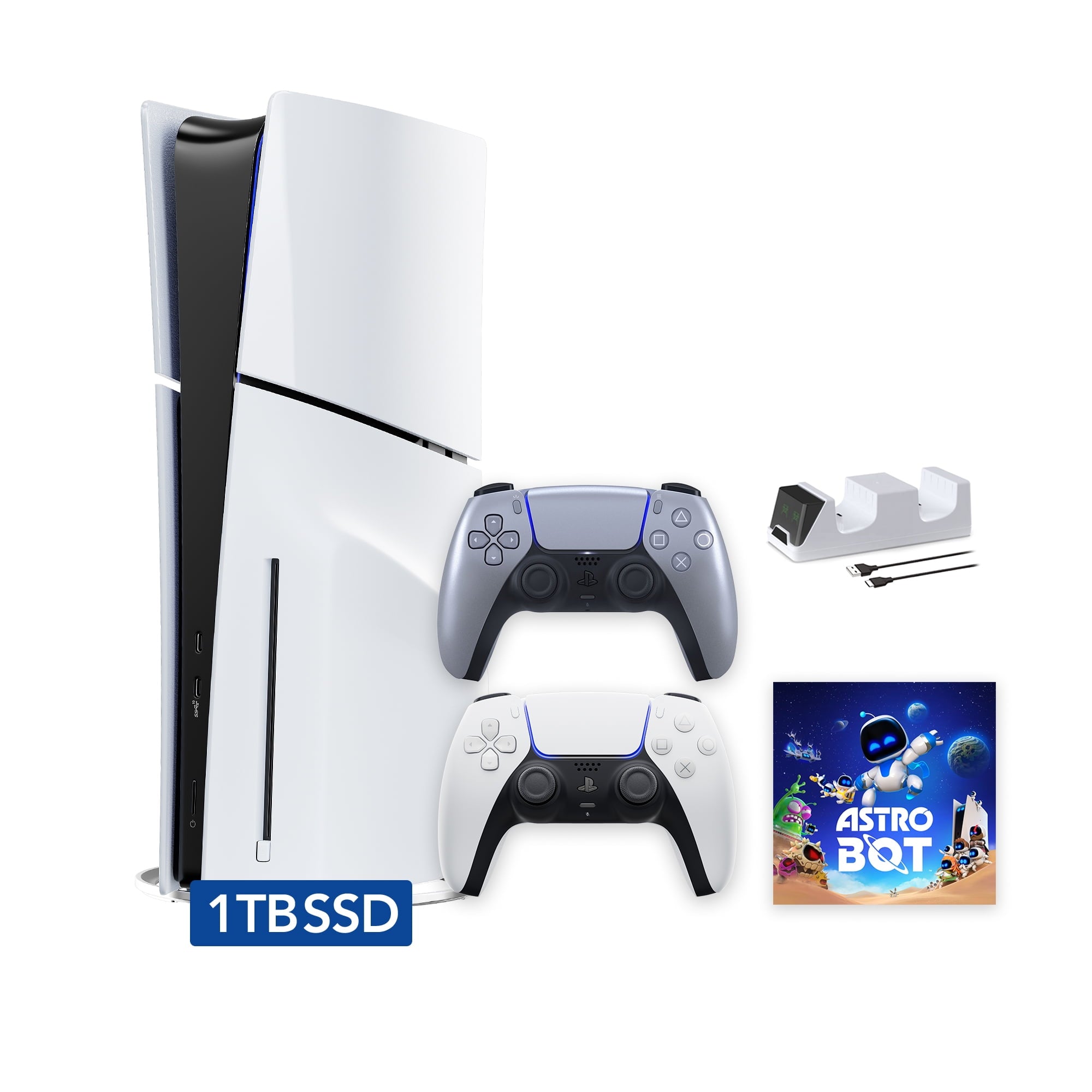PlayStation 5 Slim Disc 2TB SSD ASTRO BOT Bundle with Two Controllers, White and Cobalt Blue DualSense and Mytrix Dual Controller Charger - PS5 Slim Disc Edition