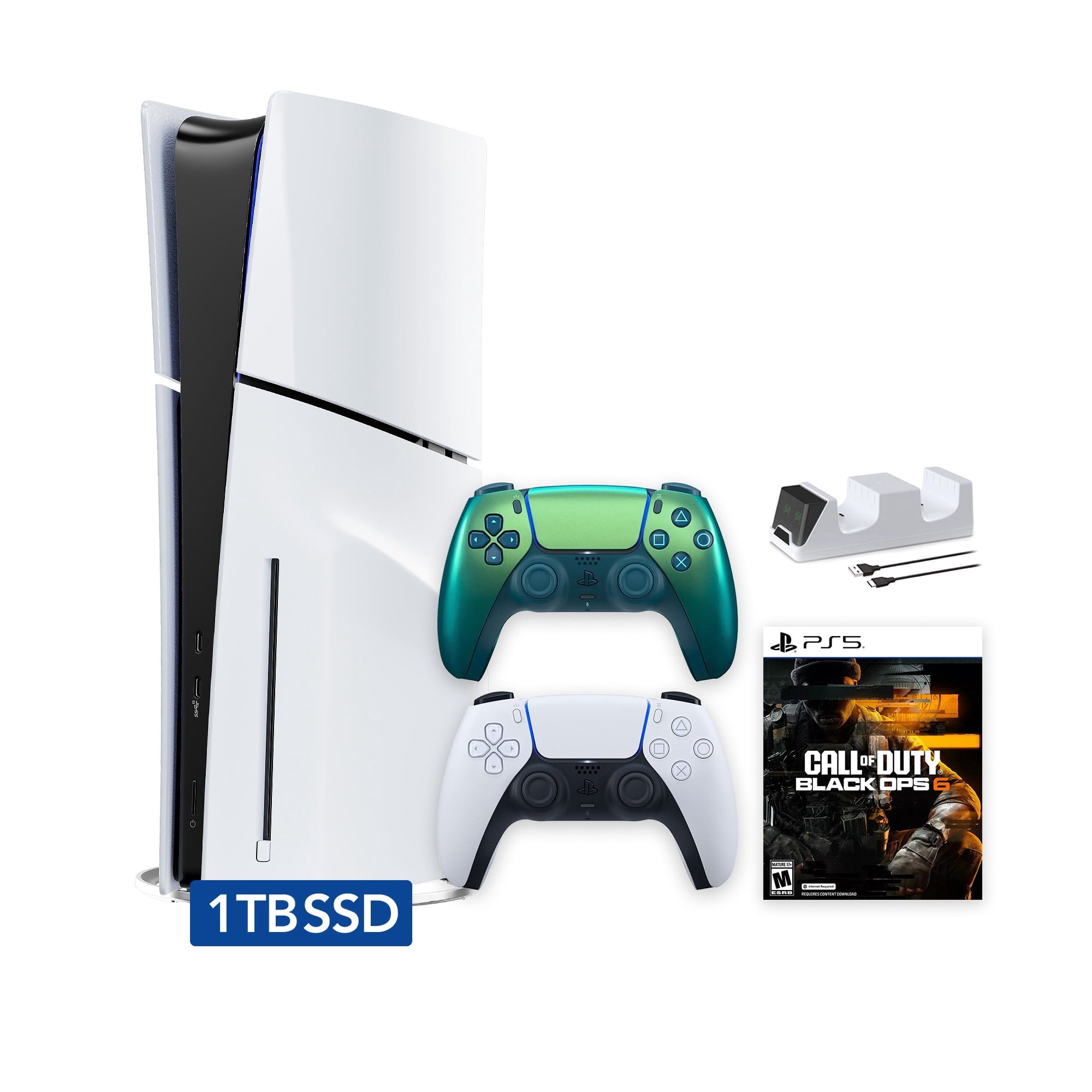 PlayStation 5 Slim Disc 1TB SSD Call of Duty Black Ops 6 Bundle with Two Controllers, White and Gray Camouflage DualSense and Mytrix Dual Controller Charger - PS5 Slim Disc Edition