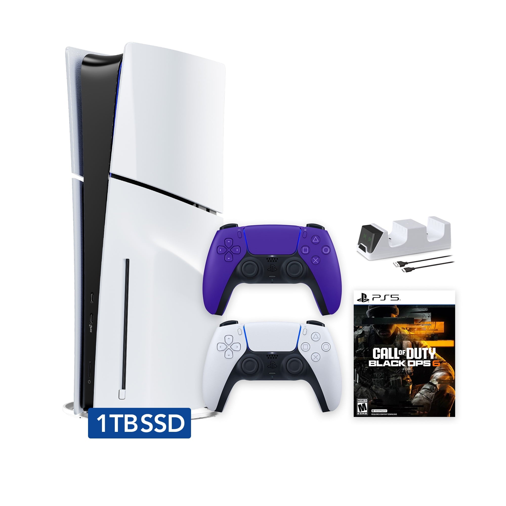 PlayStation 5 Slim Disc 1TB SSD Call of Duty Black Ops 6 Bundle with Two Controllers, White and Gray Camouflage DualSense and Mytrix Dual Controller Charger - PS5 Slim Disc Edition