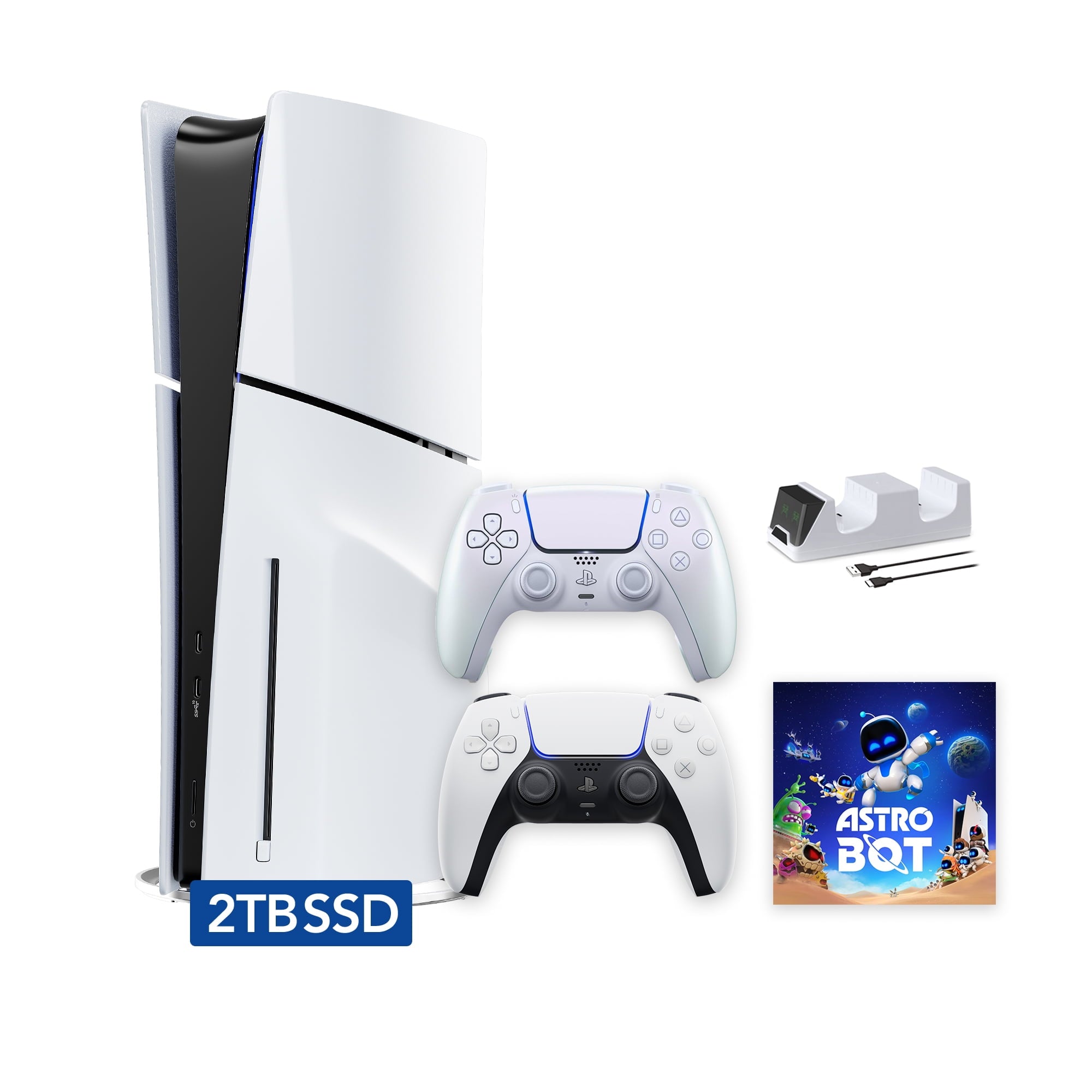 PlayStation 5 Slim Disc 2TB SSD ASTRO BOT Bundle with Two Controllers, White and Cobalt Blue DualSense and Mytrix Dual Controller Charger - PS5 Slim Disc Edition