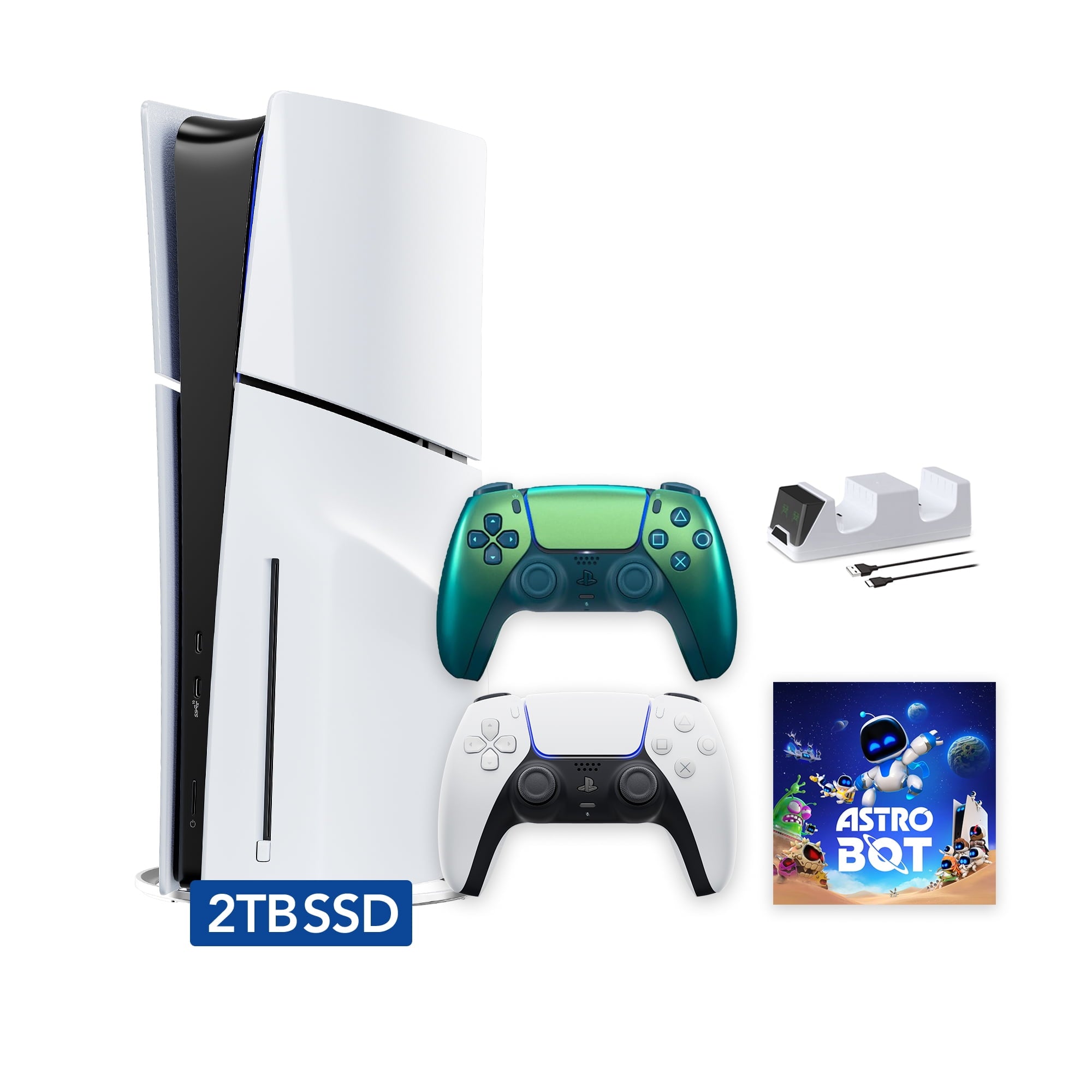 PlayStation 5 Slim Disc 2TB SSD ASTRO BOT Bundle with Two Controllers, White and Cobalt Blue DualSense and Mytrix Dual Controller Charger - PS5 Slim Disc Edition