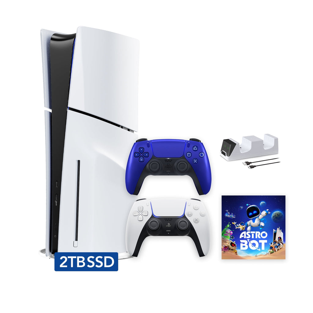 PlayStation 5 Slim Disc 2TB SSD ASTRO BOT Bundle with Two Controllers, White and Cobalt Blue DualSense and Mytrix Dual Controller Charger - PS5 Slim Disc Edition