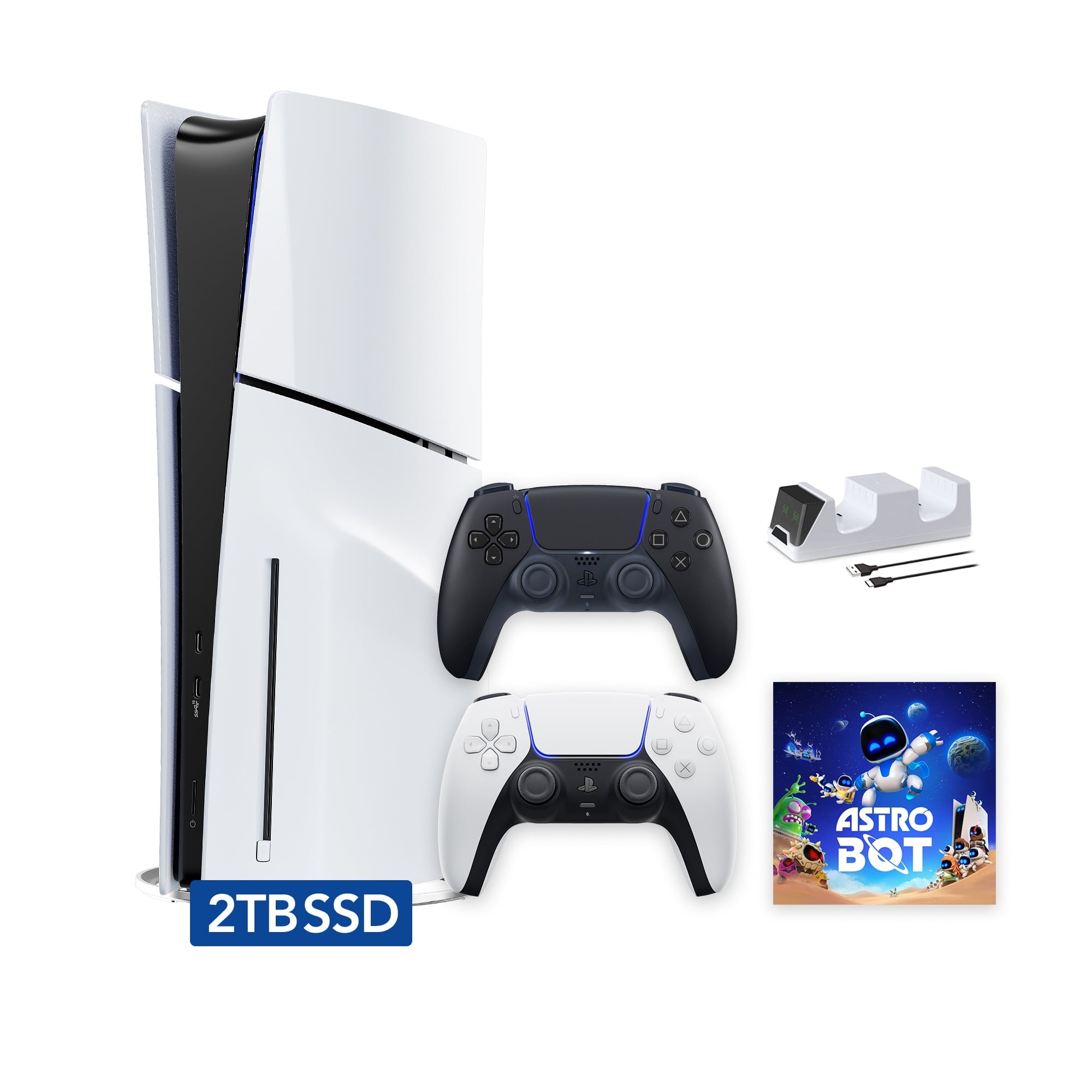 PlayStation 5 Slim Disc 2TB SSD ASTRO BOT Bundle with Two Controllers, White and Cobalt Blue DualSense and Mytrix Dual Controller Charger - PS5 Slim Disc Edition