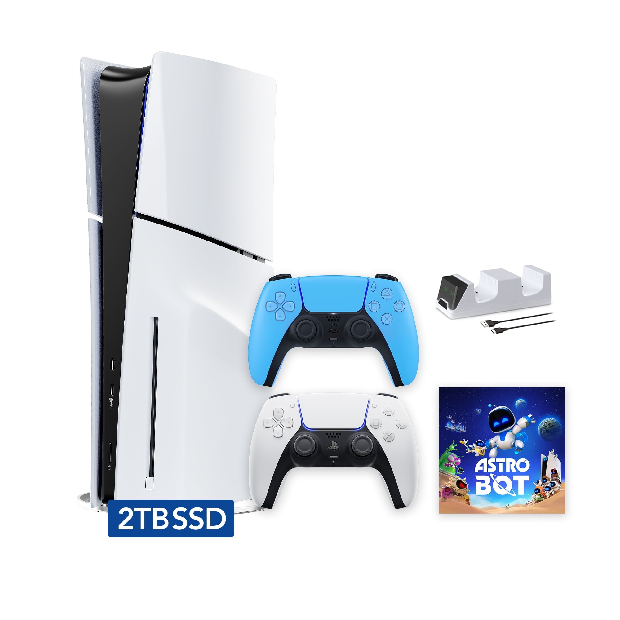 PlayStation 5 Slim Disc 2TB SSD ASTRO BOT Bundle with Two Controllers, White and Cobalt Blue DualSense and Mytrix Dual Controller Charger - PS5 Slim Disc Edition