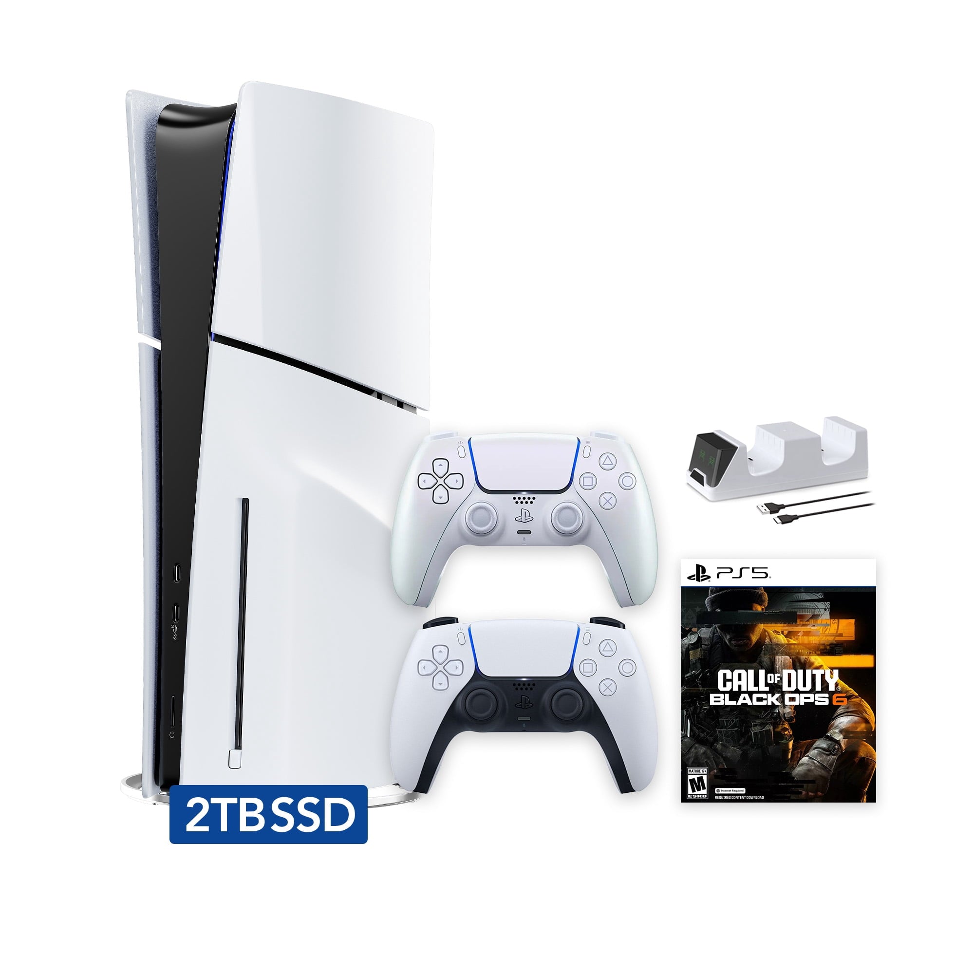 PlayStation 5 Slim Disc 1TB SSD Call of Duty Black Ops 6 Bundle with Two Controllers, White and Gray Camouflage DualSense and Mytrix Dual Controller Charger - PS5 Slim Disc Edition