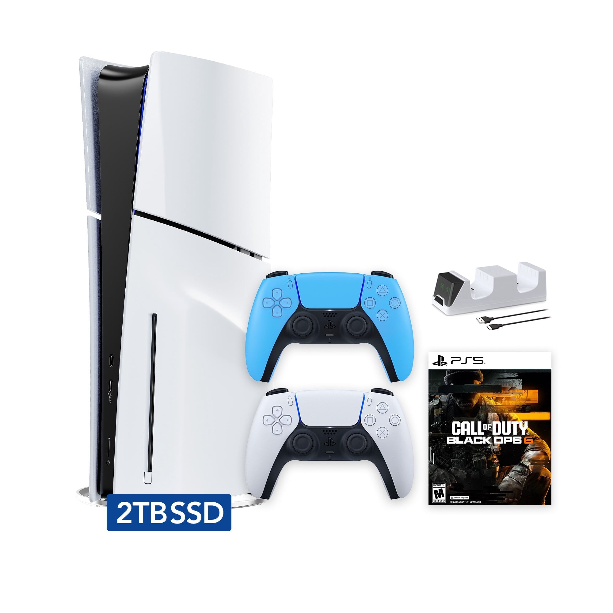 PlayStation 5 Slim Disc 1TB SSD Call of Duty Black Ops 6 Bundle with Two Controllers, White and Gray Camouflage DualSense and Mytrix Dual Controller Charger - PS5 Slim Disc Edition