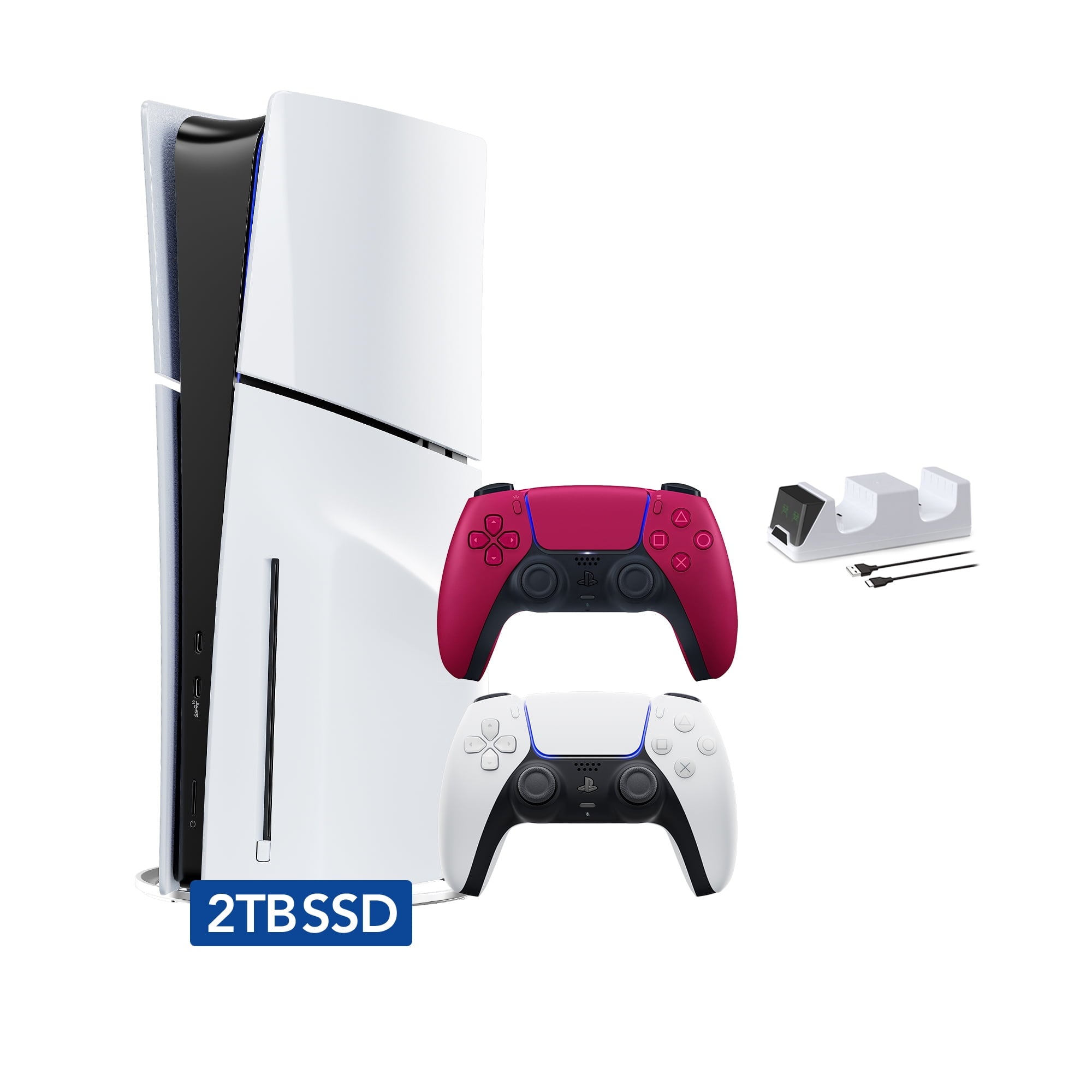 PlayStation 5 Slim Disc Edition 1TB SSD with Two Controllers White and Midnight Black DualSense and Mytrix Dual Controller Charger - Region Free PS5 Gaming Console