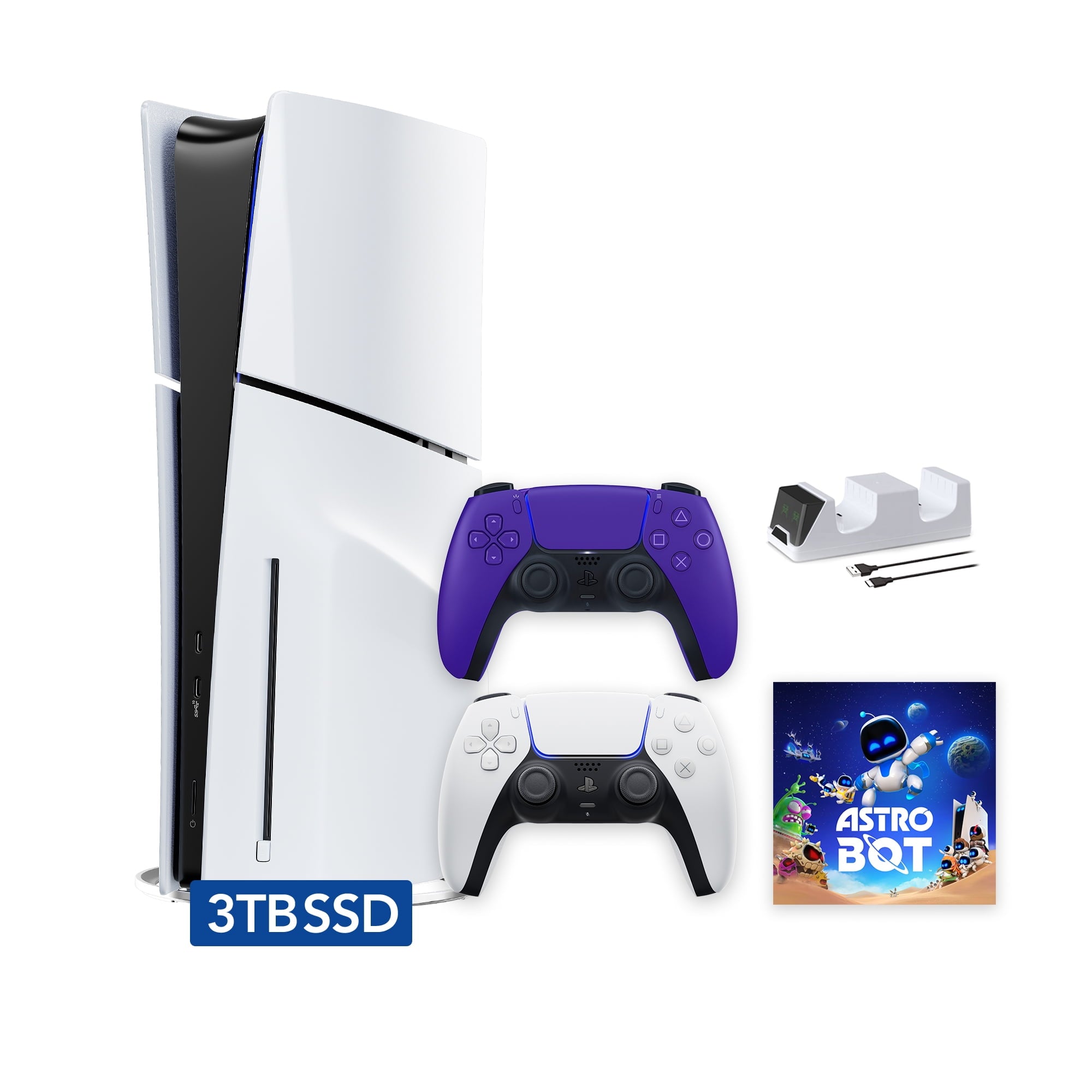 PlayStation 5 Slim Disc 2TB SSD ASTRO BOT Bundle with Two Controllers, White and Cobalt Blue DualSense and Mytrix Dual Controller Charger - PS5 Slim Disc Edition