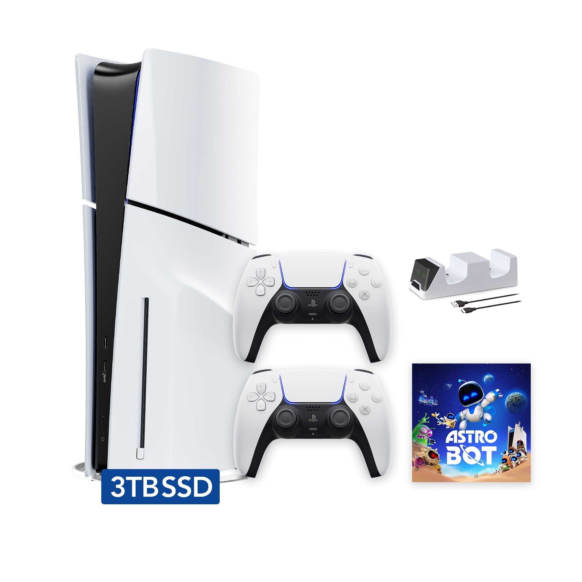 PlayStation 5 Slim Disc 2TB SSD ASTRO BOT Bundle with Two Controllers, White and Cobalt Blue DualSense and Mytrix Dual Controller Charger - PS5 Slim Disc Edition