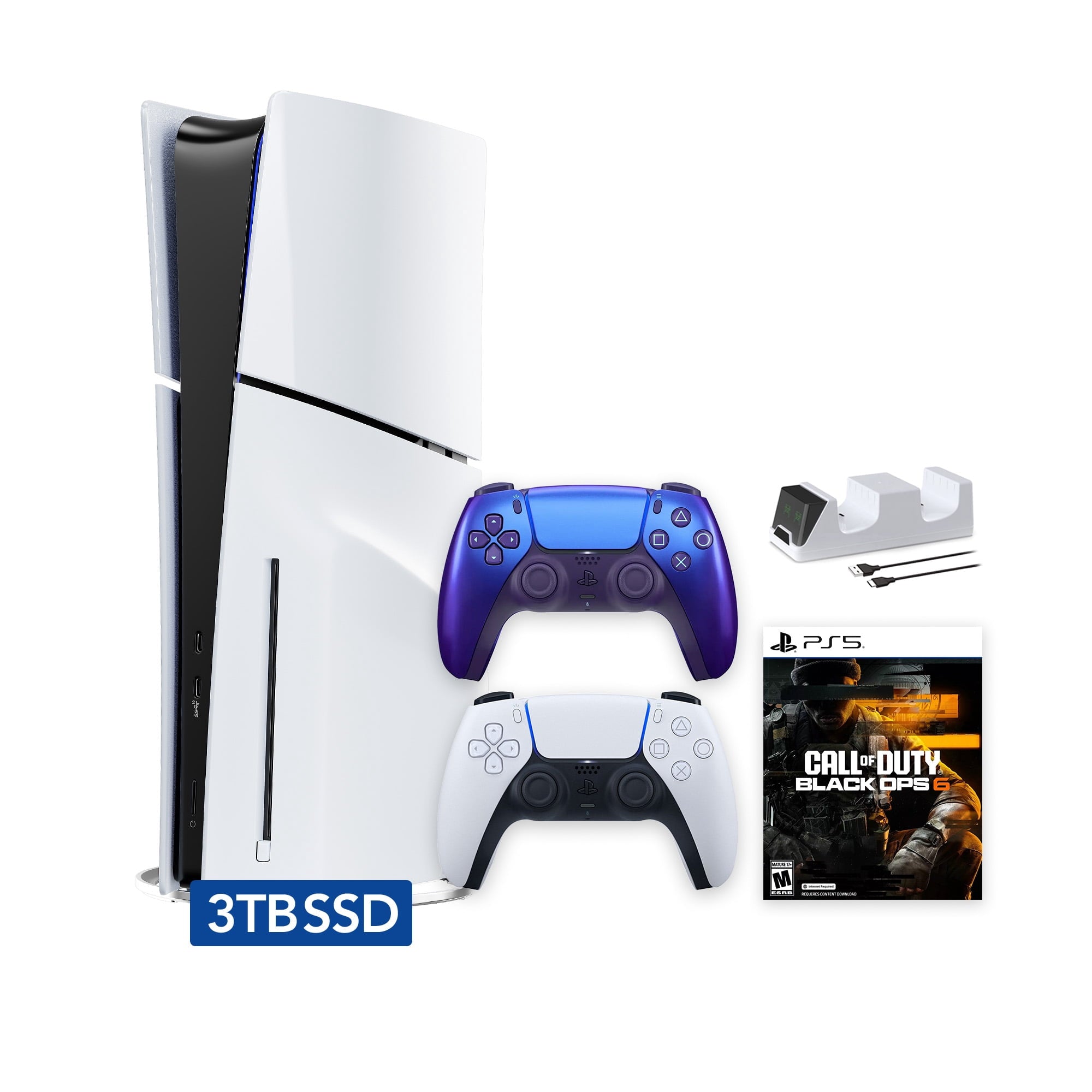 PlayStation 5 Slim Disc 1TB SSD Call of Duty Black Ops 6 Bundle with Two Controllers, White and Gray Camouflage DualSense and Mytrix Dual Controller Charger - PS5 Slim Disc Edition