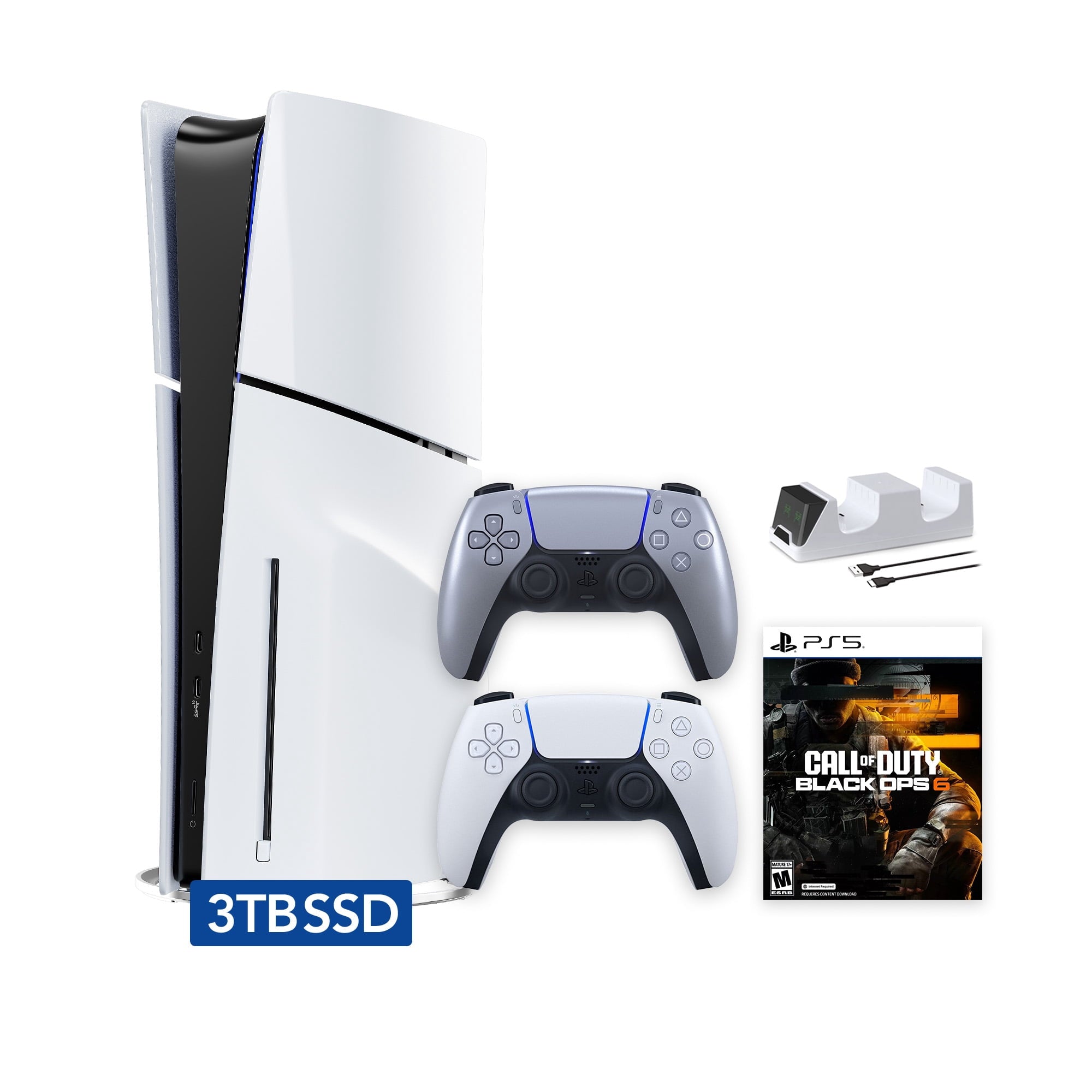 PlayStation 5 Slim Disc 1TB SSD Call of Duty Black Ops 6 Bundle with Two Controllers, White and Gray Camouflage DualSense and Mytrix Dual Controller Charger - PS5 Slim Disc Edition