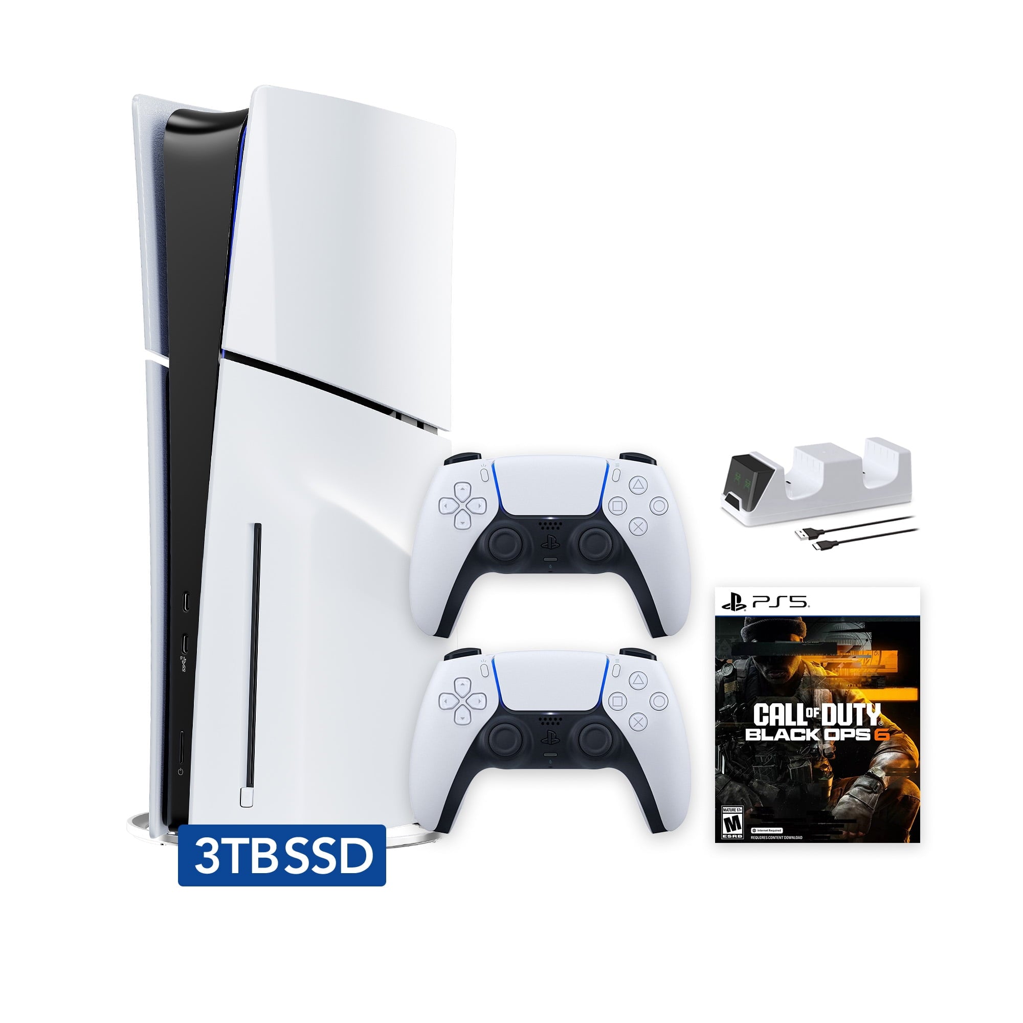 PlayStation 5 Slim Disc 1TB SSD Call of Duty Black Ops 6 Bundle with Two Controllers, White and Gray Camouflage DualSense and Mytrix Dual Controller Charger - PS5 Slim Disc Edition