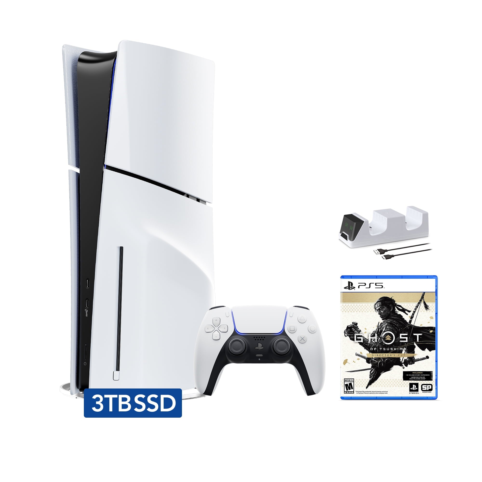 PlayStation 5 Slim Disc Edition Bundle with Gran Turismo 7 and C-Gamers Dual-Controller Charger - PS5, White