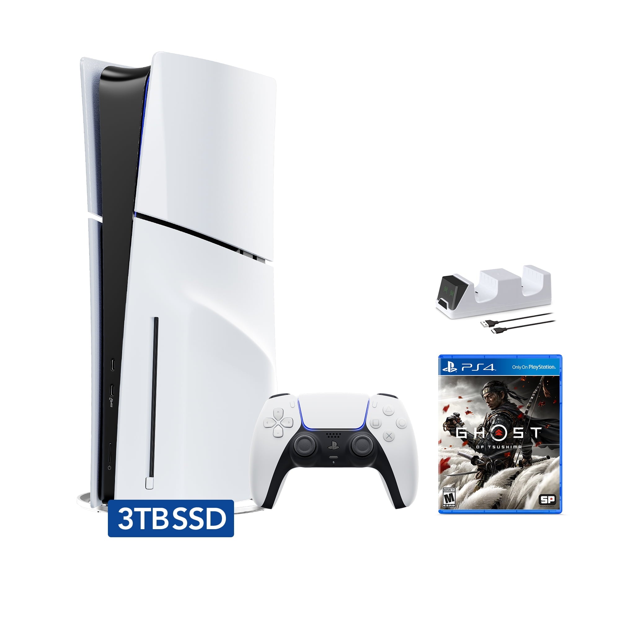 PlayStation 5 Slim Disc Edition Bundle with Gran Turismo 7 and C-Gamers Dual-Controller Charger - PS5, White
