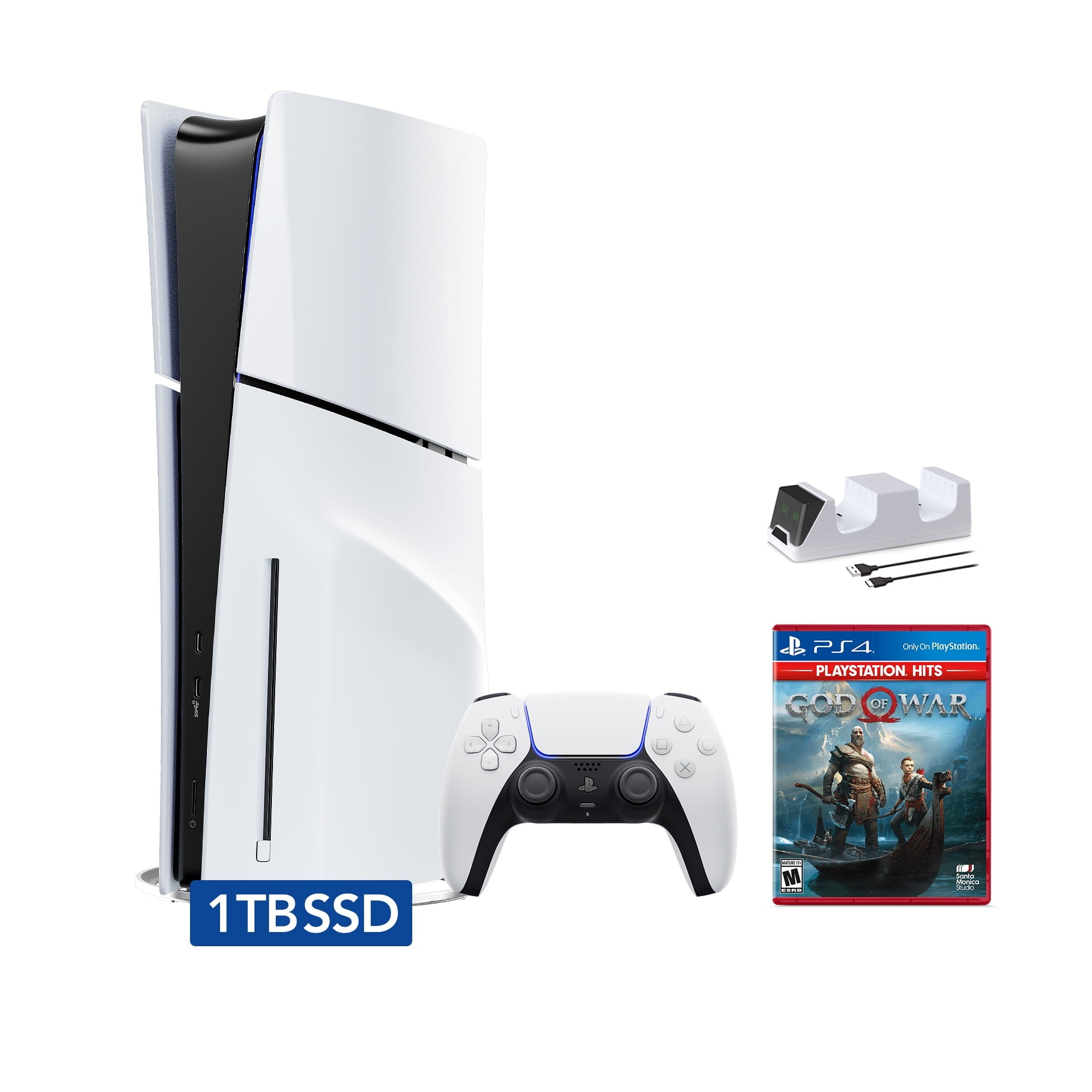 PlayStation 5 Slim Disc Edition Bundle with Gran Turismo 7 and C-Gamers Dual-Controller Charger - PS5, White